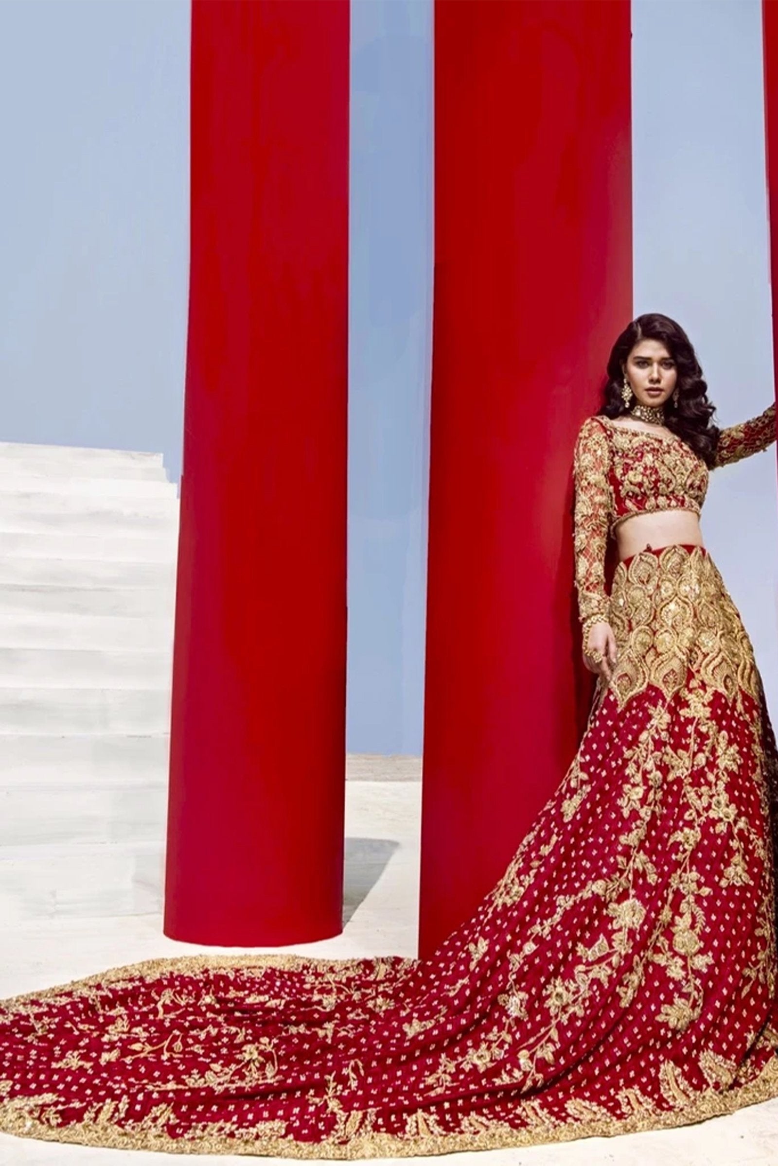 Pakistani Deep Red Embroidered Signature Fabric Lehenga (3-Piece) - Image 2