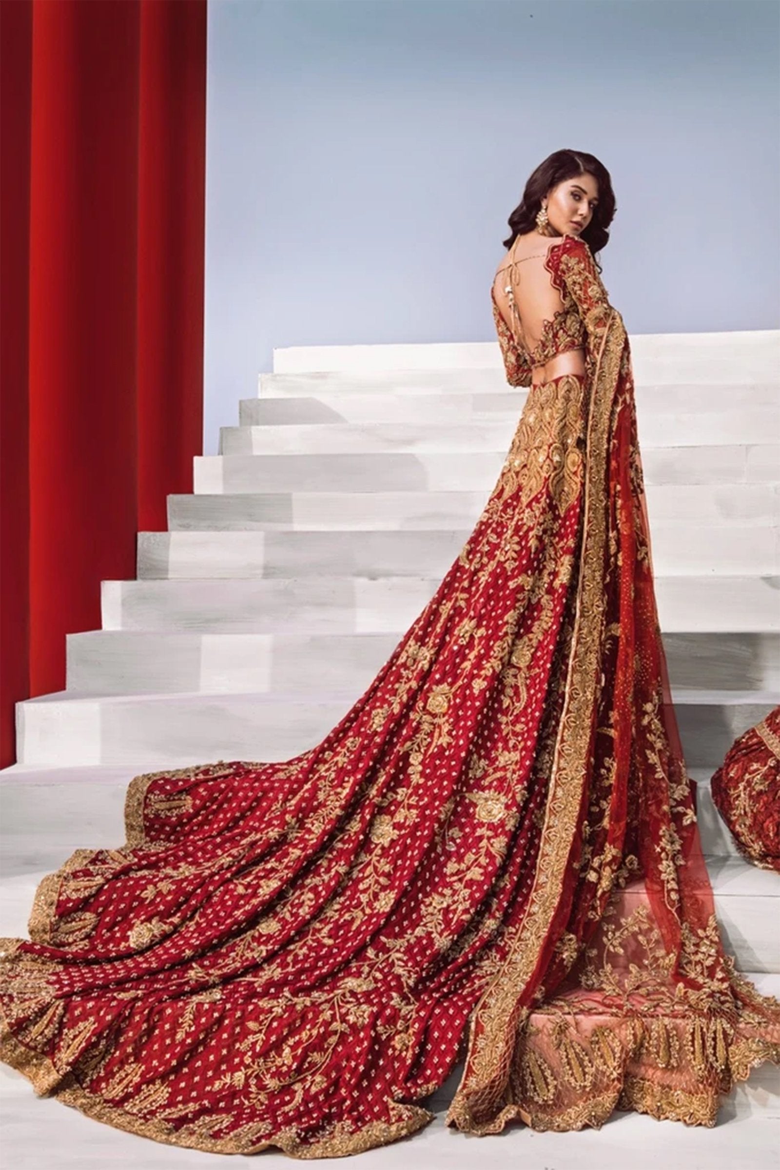 Pakistani Deep Red Embroidered Signature Fabric Lehenga (3-Piece) - Image 3