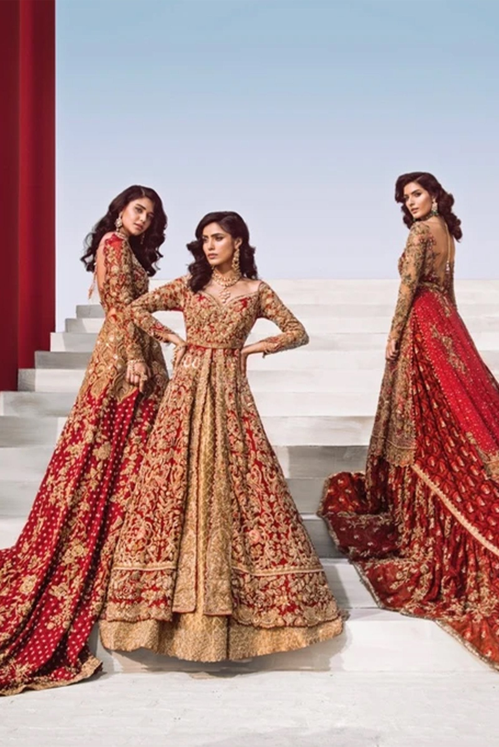 Pakistani Deep Red Embroidered Signature Fabric Lehenga (3-Piece) - Image 4