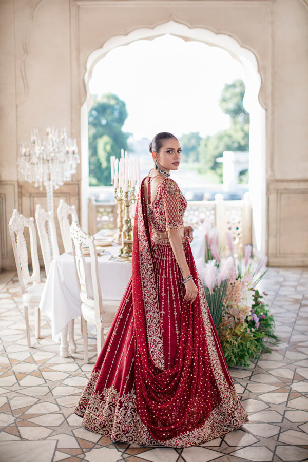 Red Embroidered Net Organza Choli & Jamavar Lehenga (3-Piece) - Image 3