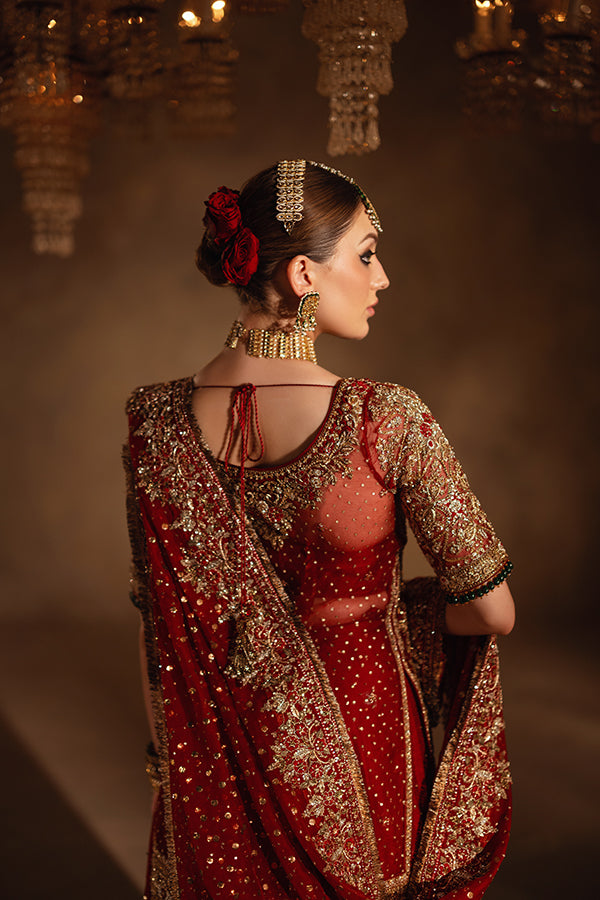Indian Deep Red Zardozi Net Organza & Jamavar Lehenga (3-Piece) - Image 1