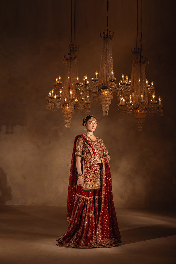 Indian Deep Red Zardozi Net Organza & Jamavar Lehenga (3-Piece) - Image 3