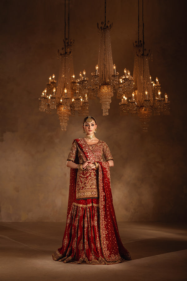 Indian Deep Red Zardozi Net Organza & Jamavar Lehenga (3-Piece) - Image 4