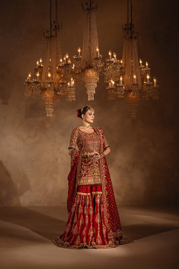 Indian Deep Red Zardozi Net Organza & Jamavar Lehenga (3-Piece) - Image 5