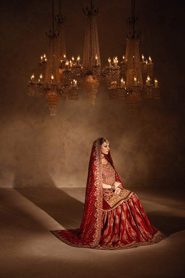 Indian Deep Red Zardozi Net Organza & Jamavar Lehenga (3-Piece) - Image 7