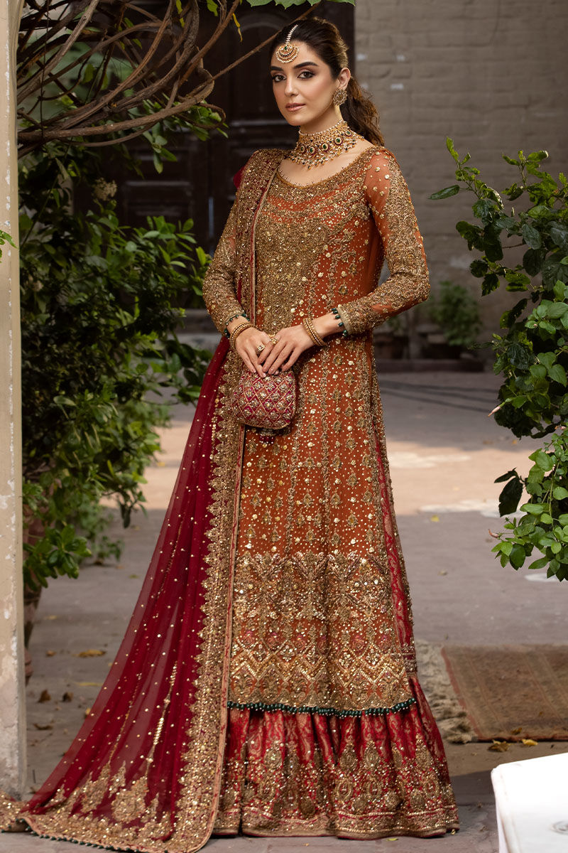 Pakistani Rust Embroidered Chiffon Shirt with Red Jamawaar Lehenga (3-Piece) - Image 1