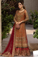 Pakistani Rust Embroidered Chiffon Shirt with Red Jamawaar Lehenga (3-Piece) - Image 2