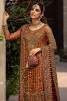 Pakistani Rust Embroidered Chiffon Shirt with Red Jamawaar Lehenga (3-Piece) - Image 3