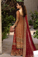 Pakistani Rust Embroidered Chiffon Shirt with Red Jamawaar Lehenga (3-Piece) - Image 4