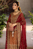 Pakistani Rust Embroidered Chiffon Shirt with Red Jamawaar Lehenga (3-Piece) - Image 5