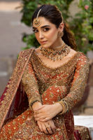 Pakistani Rust Embroidered Chiffon Shirt with Red Jamawaar Lehenga (3-Piece) - Image 6