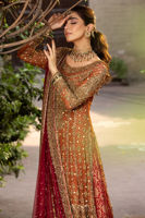 Pakistani Rust Embroidered Chiffon Shirt with Red Jamawaar Lehenga (3-Piece) - Image 7