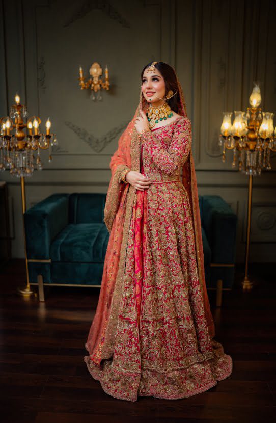 Pakistani Coral Cherry Red Embroidered Jamawaar Bridal Gown (3-Piece) - Image 3