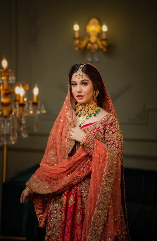 Pakistani Coral Cherry Red Embroidered Jamawaar Bridal Gown (3-Piece) - Image 4