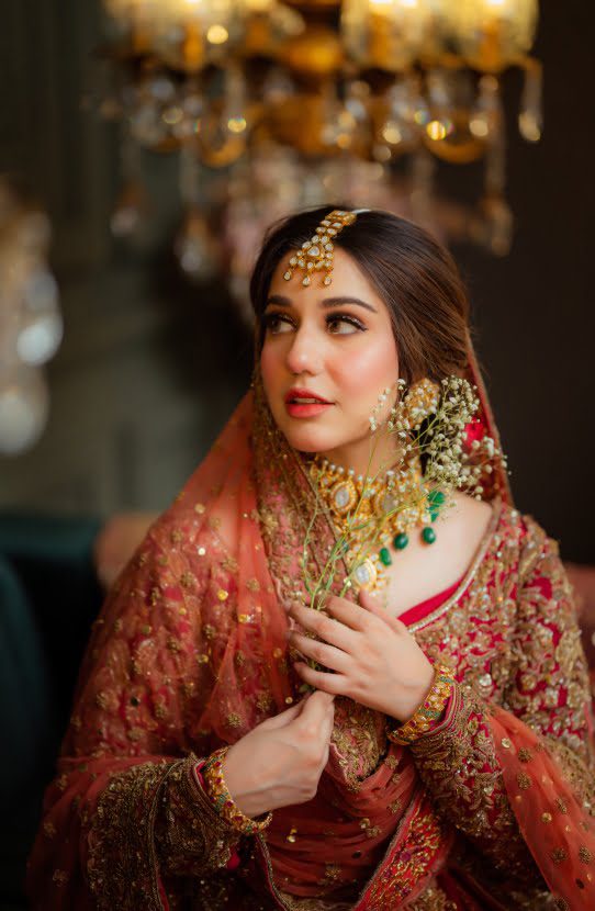 Pakistani Coral Cherry Red Embroidered Jamawaar Bridal Gown (3-Piece) - Image 5