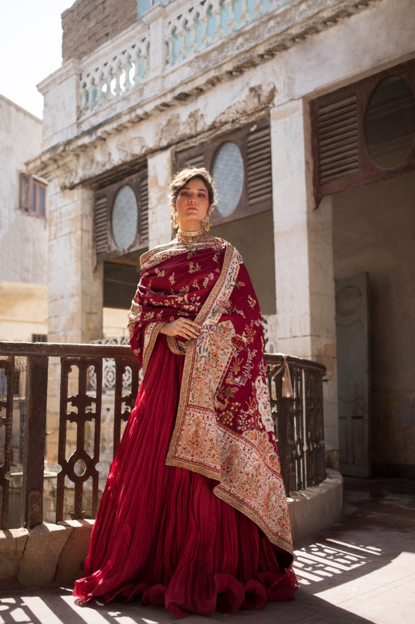 Ruby Red Ari Embroidered Jamawar Shawl & Khaddi Silk Lehenga (3-Piece) - Image 1
