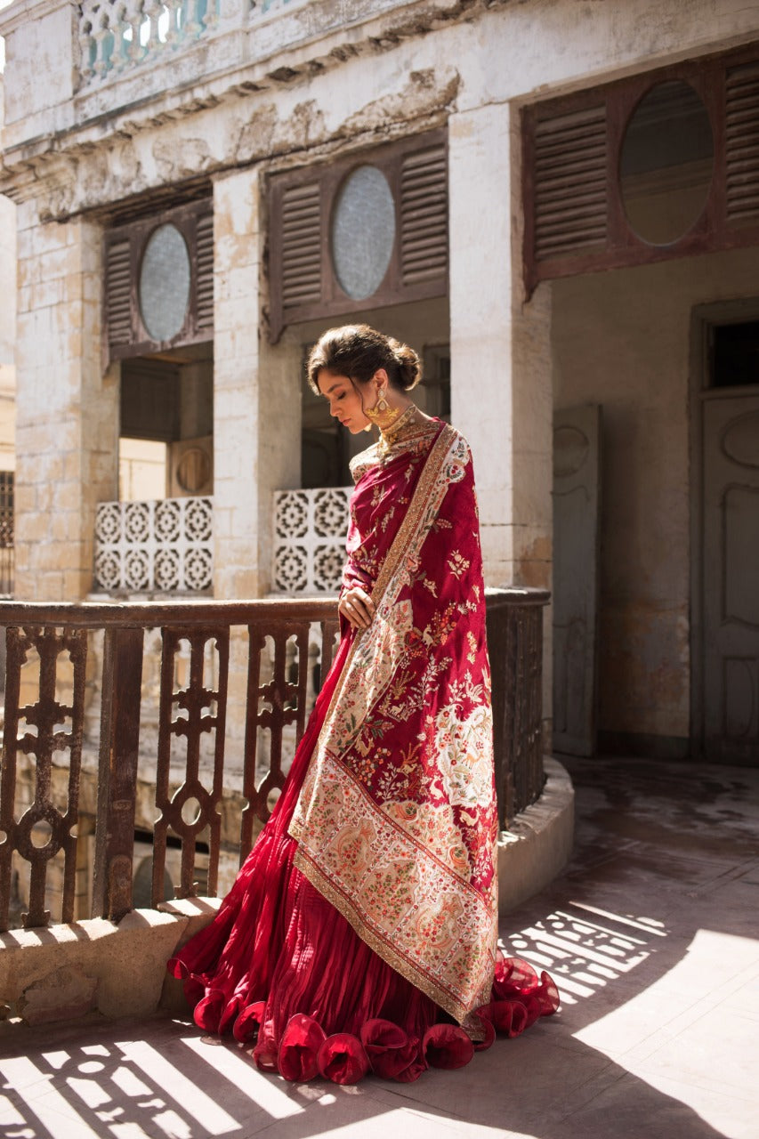 Ruby Red Ari Embroidered Jamawar Shawl & Khaddi Silk Lehenga (3-Piece) - Image 2