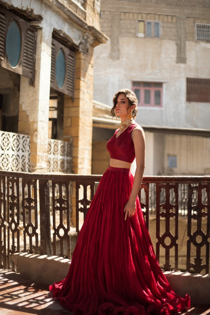 Ruby Red Ari Embroidered Jamawar Shawl & Khaddi Silk Lehenga (3-Piece) - Image 3