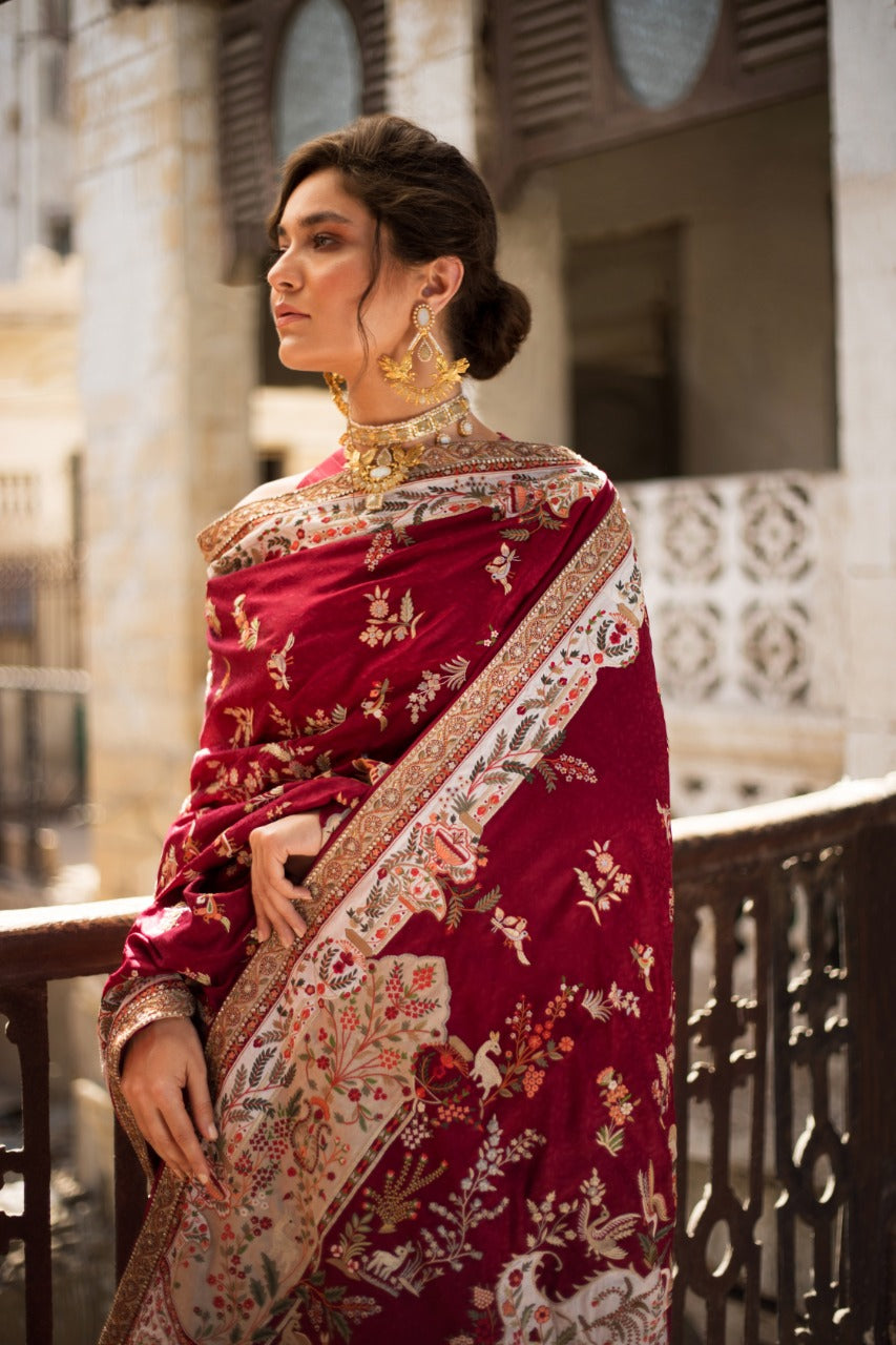 Ruby Red Ari Embroidered Jamawar Shawl & Khaddi Silk Lehenga (3-Piece) - Image 4