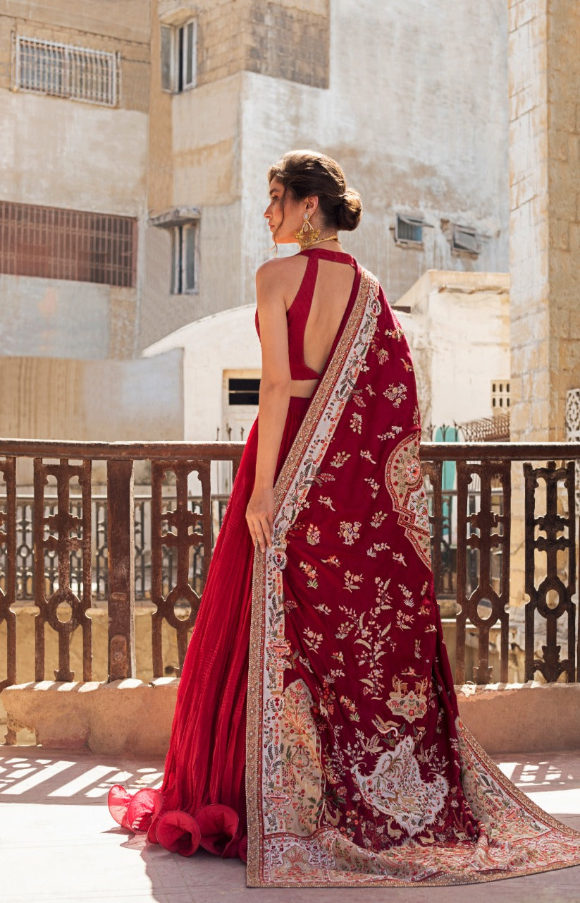Ruby Red Ari Embroidered Jamawar Shawl & Khaddi Silk Lehenga (3-Piece) - Image 5