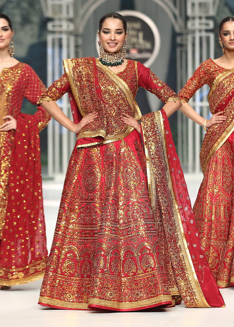Pakistani Red Dori Sequin Jamawar Lehenga Choli (3-Piece) - Image 2