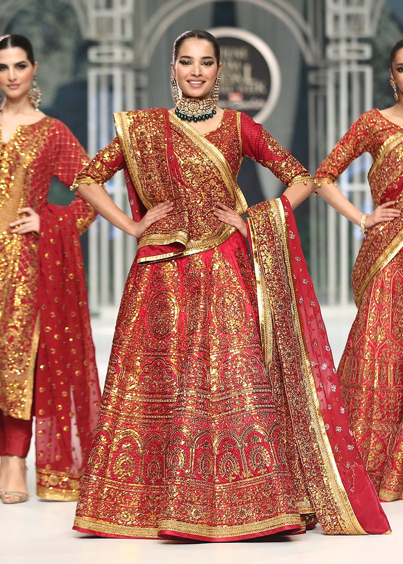 Pakistani Red Dori Sequin Jamawar Lehenga Choli (3-Piece) - Image 3