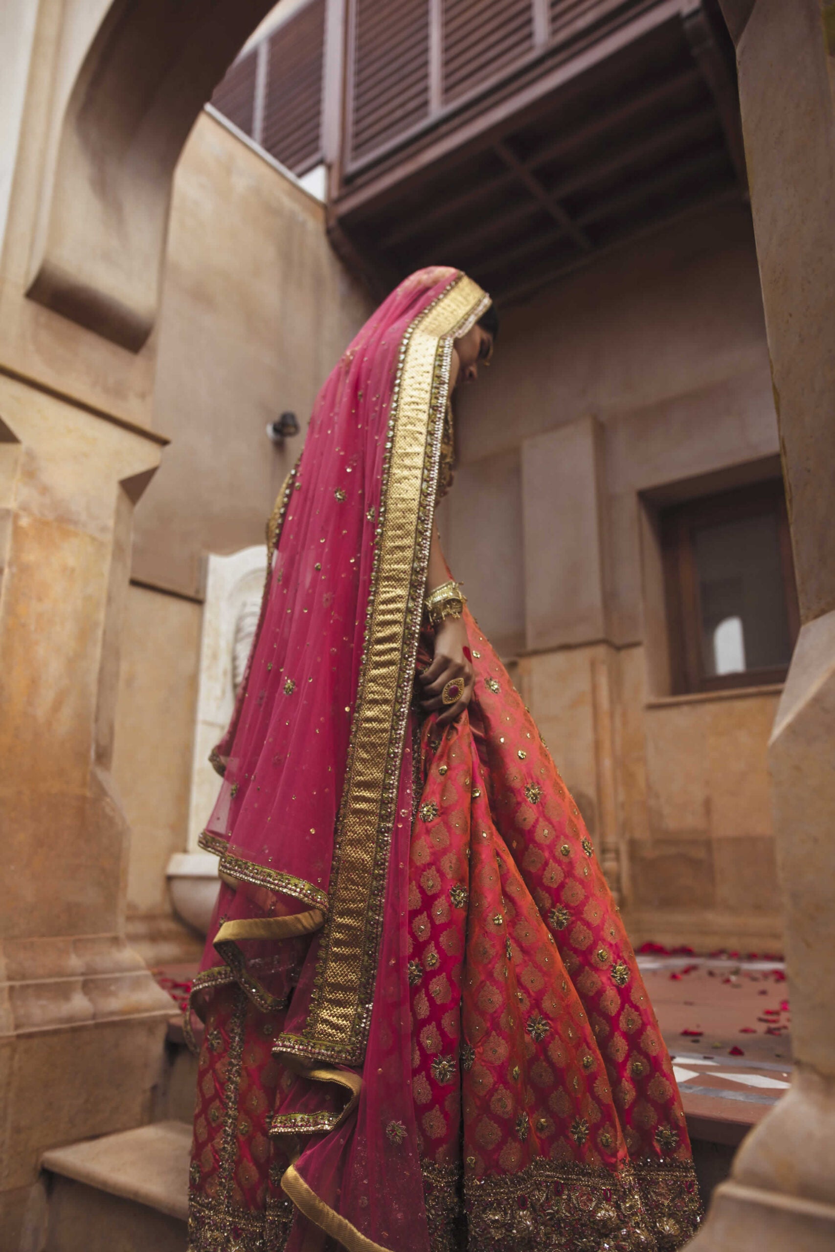 Golden Embellished Raw Silk Choli & Carrot Jamawar Lehenga (3-Piece) - Image 11