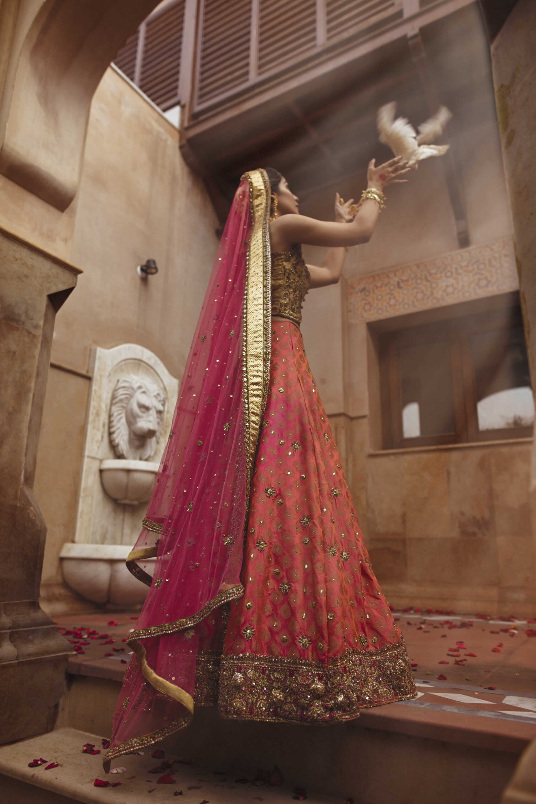 Golden Embellished Raw Silk Choli & Carrot Jamawar Lehenga (3-Piece) - Image 12