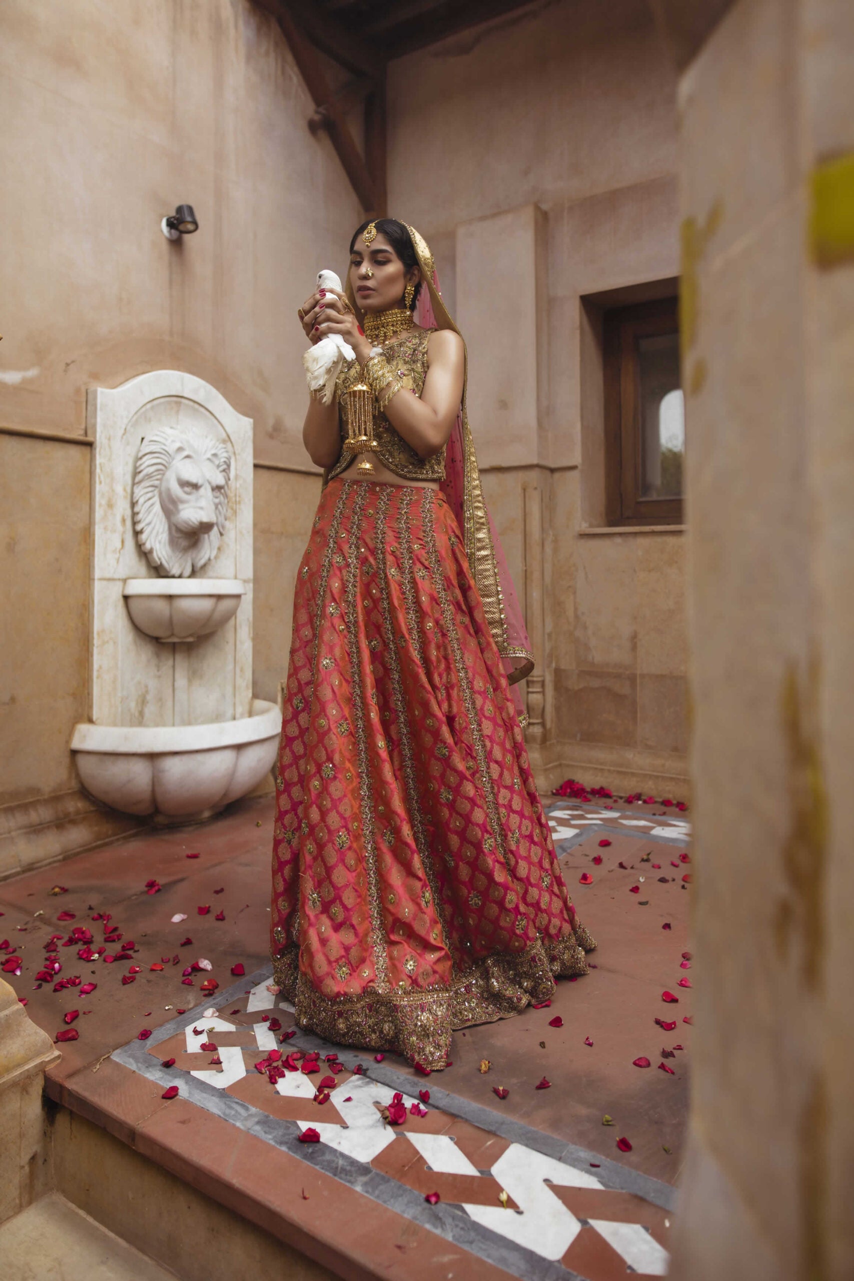 Golden Embellished Raw Silk Choli & Carrot Jamawar Lehenga (3-Piece) - Image 2