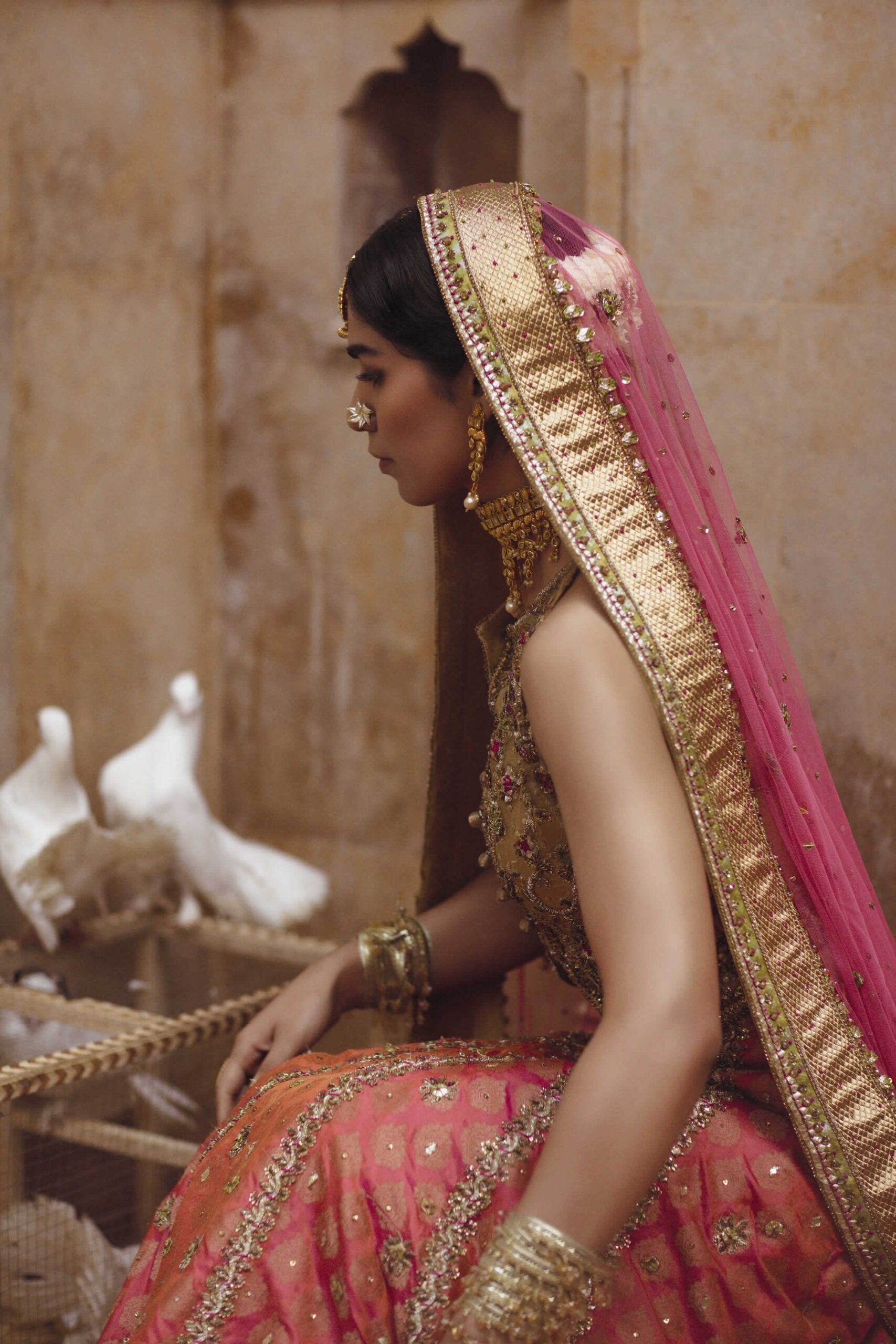 Golden Embellished Raw Silk Choli & Carrot Jamawar Lehenga (3-Piece) - Image 3