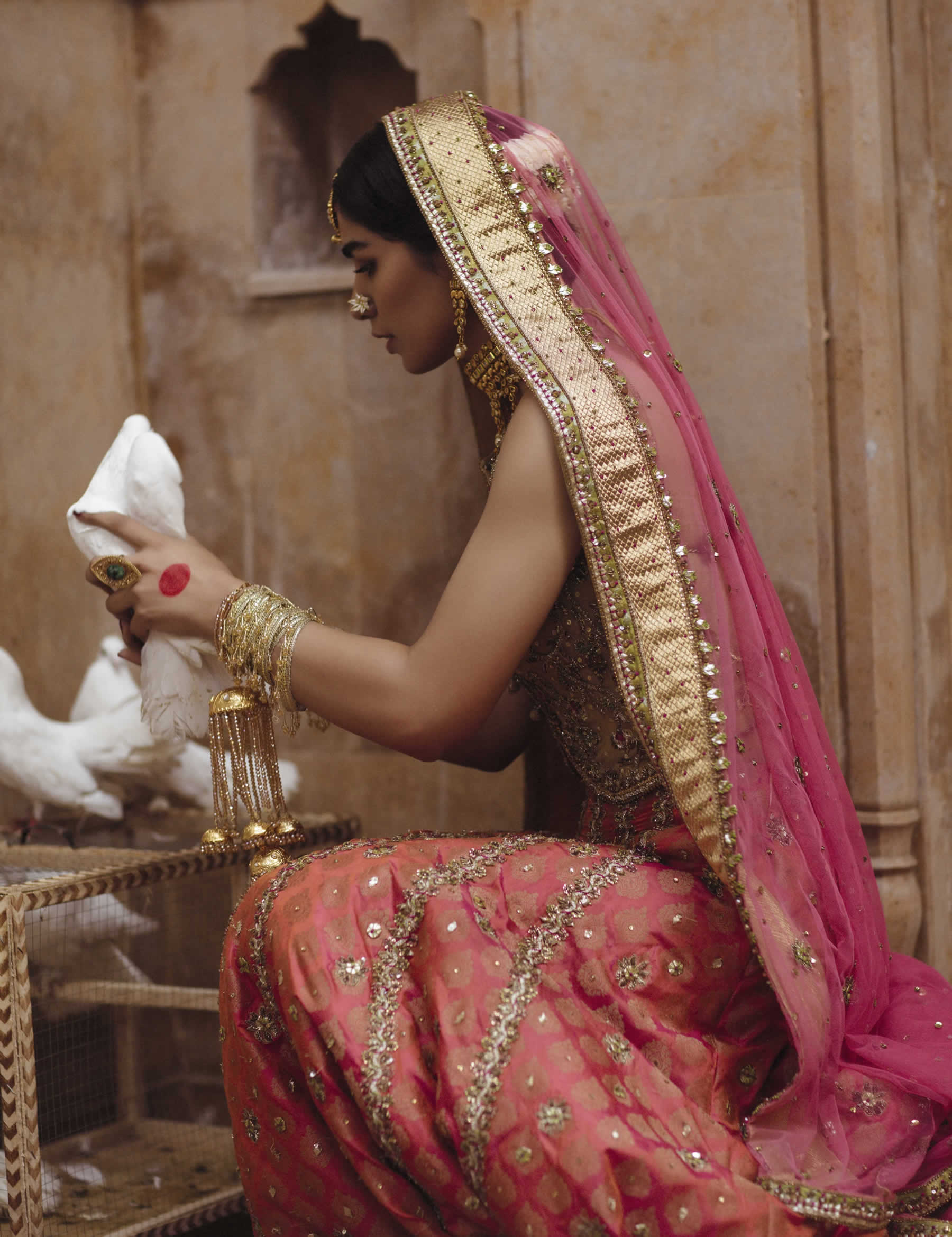 Golden Embellished Raw Silk Choli & Carrot Jamawar Lehenga (3-Piece) - Image 4