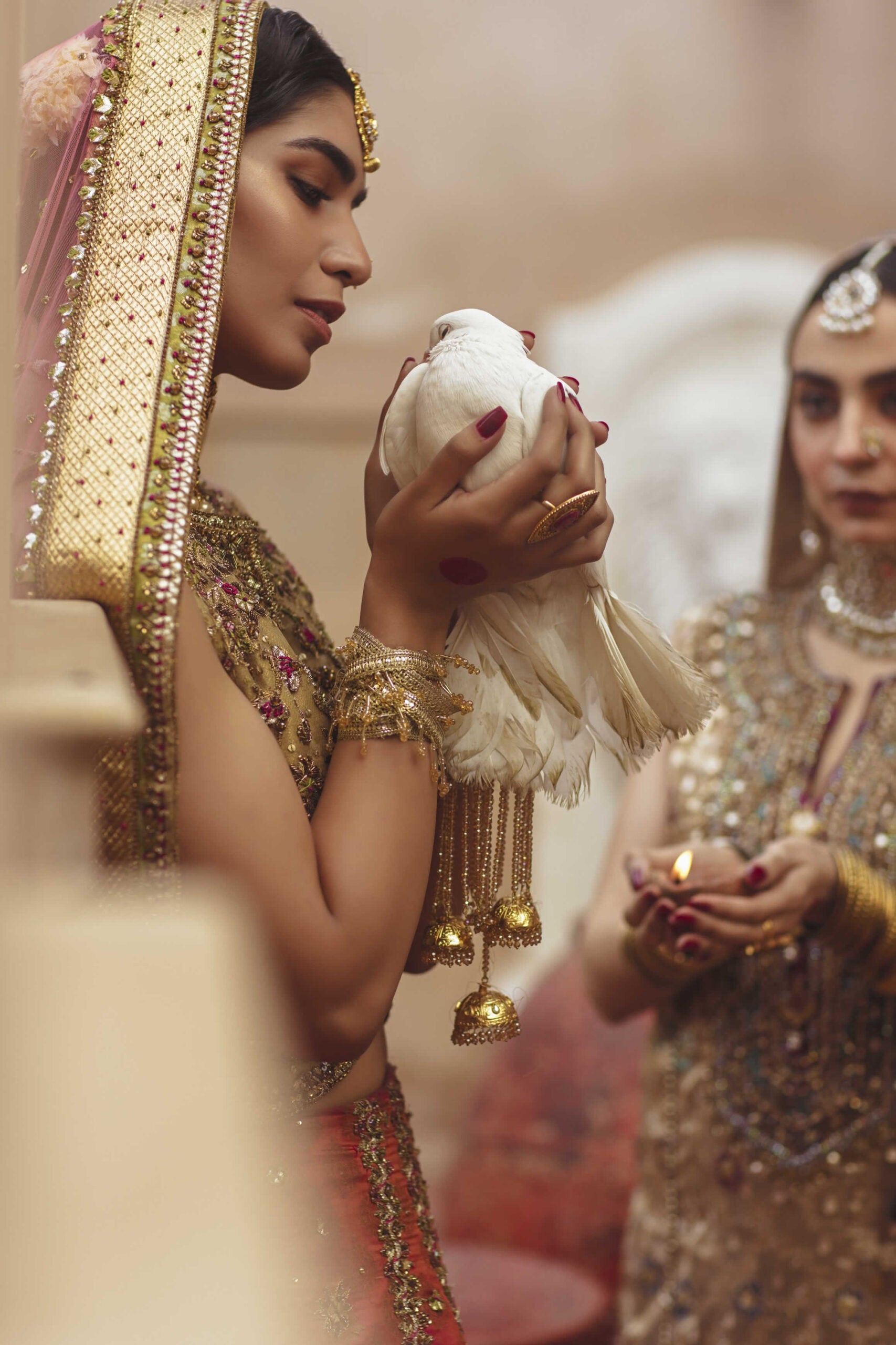 Golden Embellished Raw Silk Choli & Carrot Jamawar Lehenga (3-Piece) - Image 7