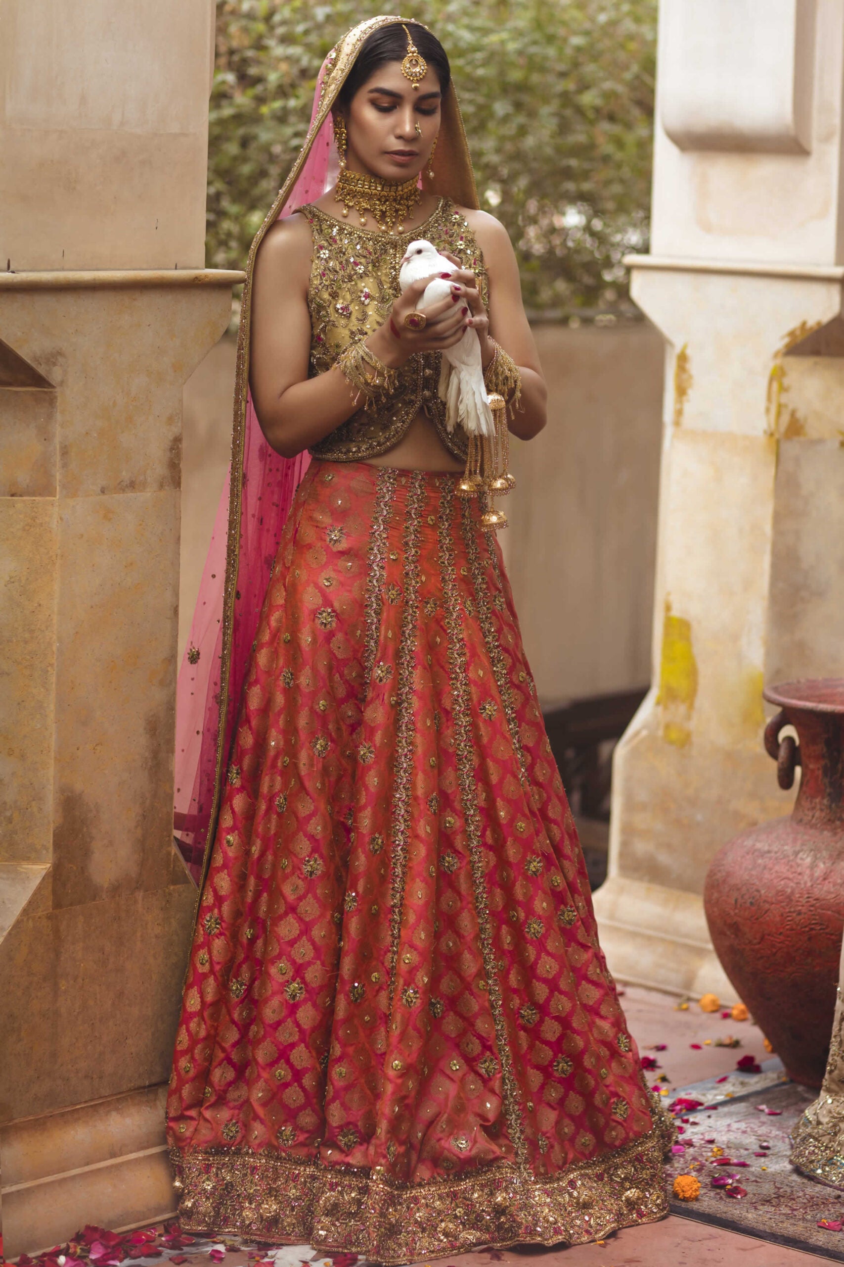 Golden Embellished Raw Silk Choli & Carrot Jamawar Lehenga (3-Piece) - Image 8