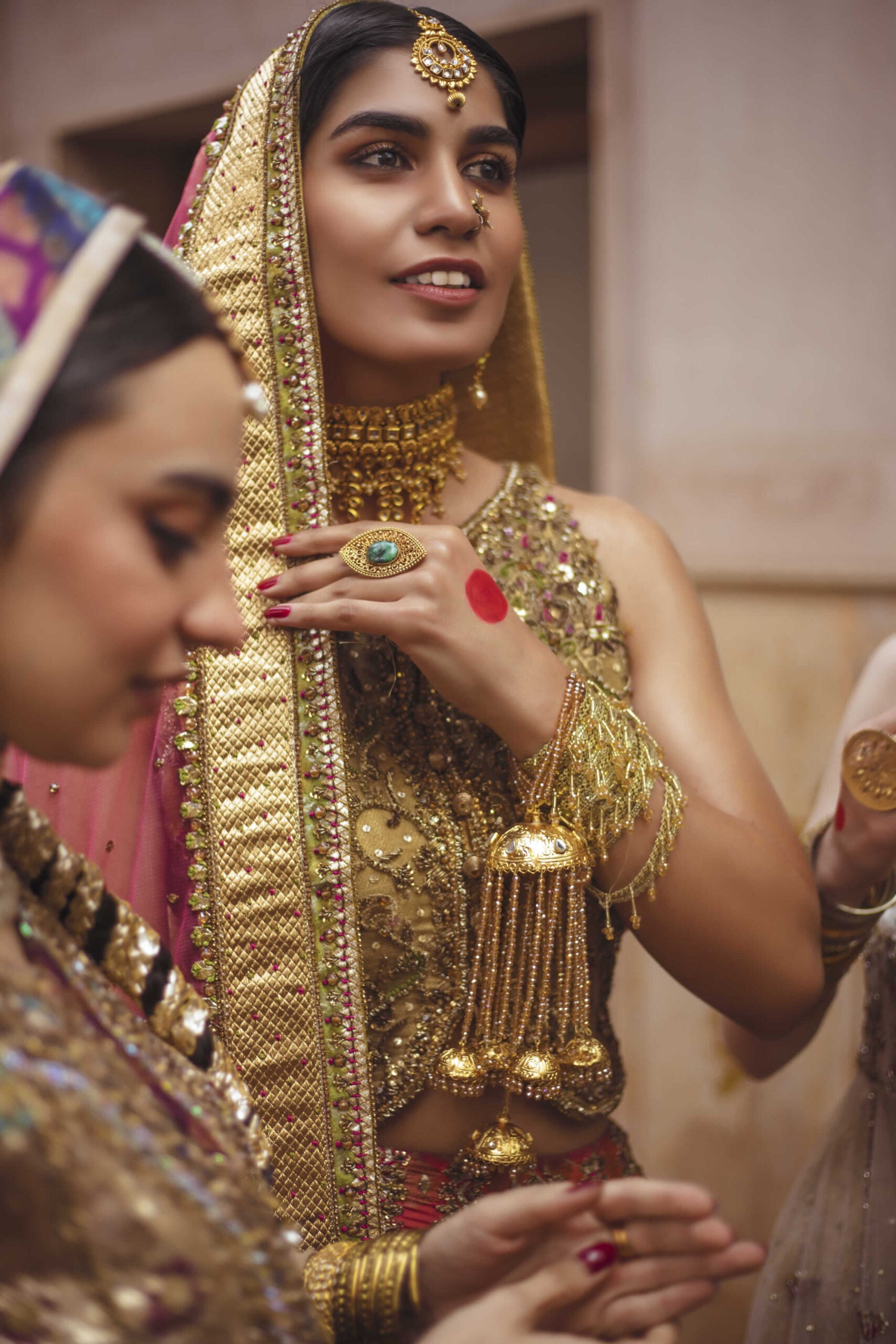 Golden Embellished Raw Silk Choli & Carrot Jamawar Lehenga (3-Piece) - Image 9