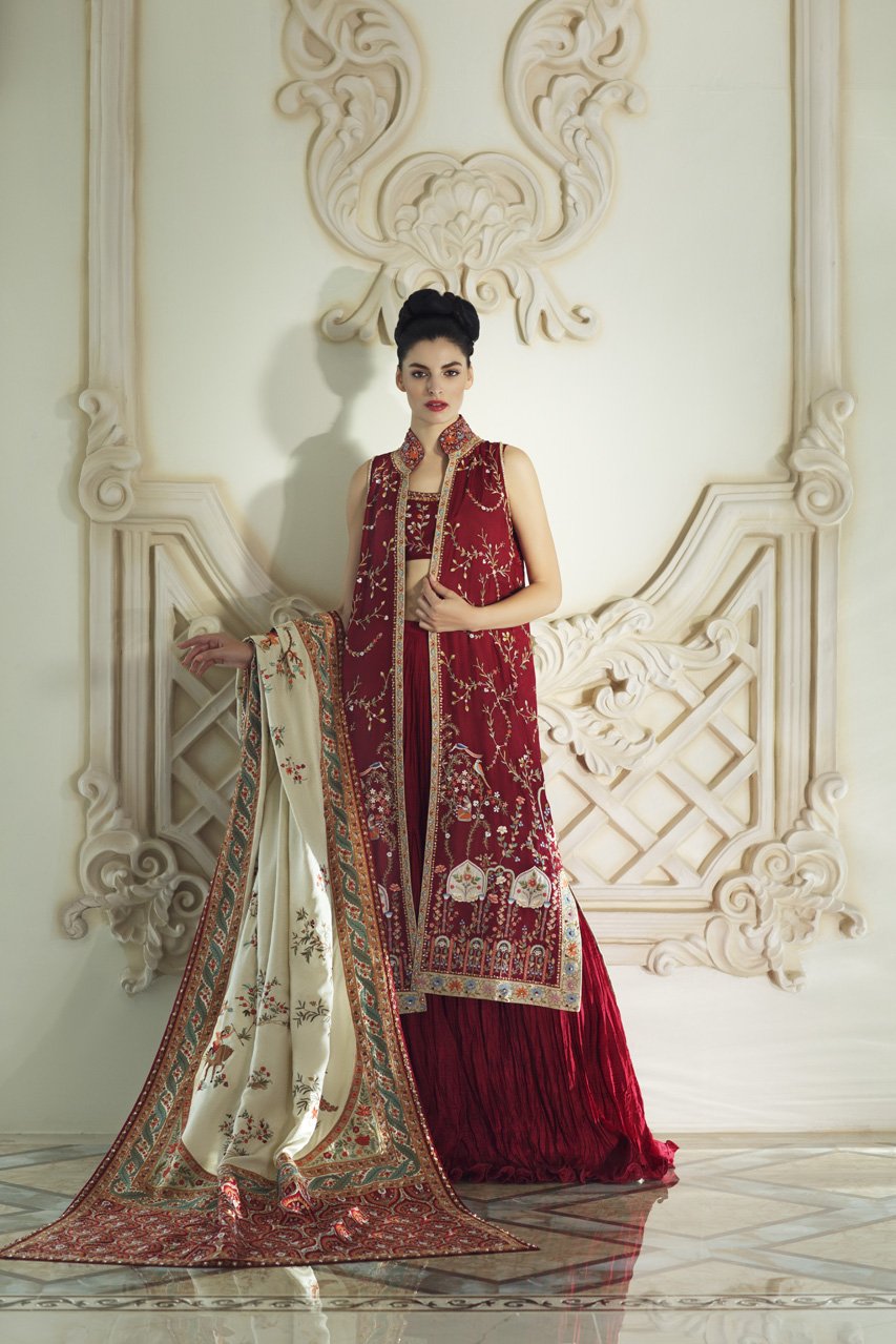 Deep Red Embroidered Jamawar Lehenga Set (3-Piece) - Image 1