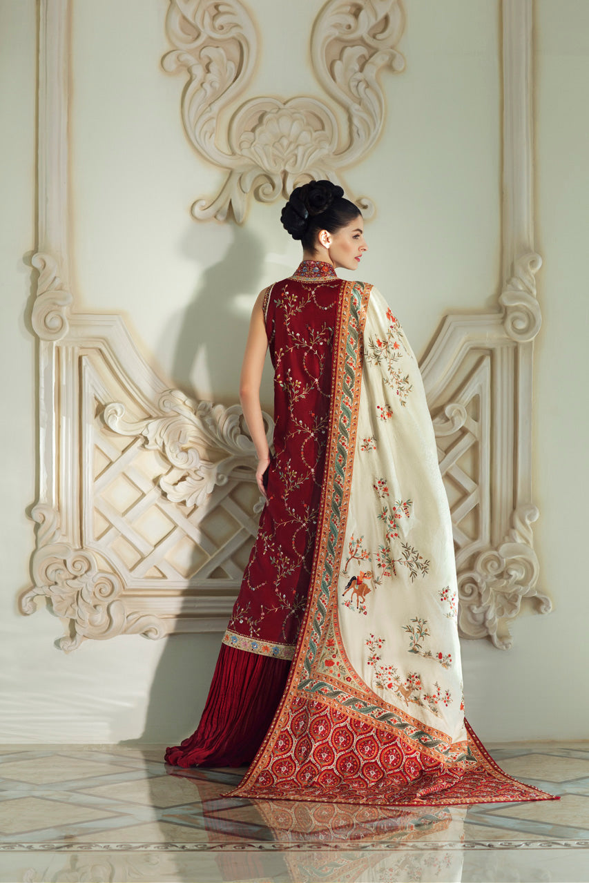 Deep Red Embroidered Jamawar Lehenga Set (3-Piece) - Image 2