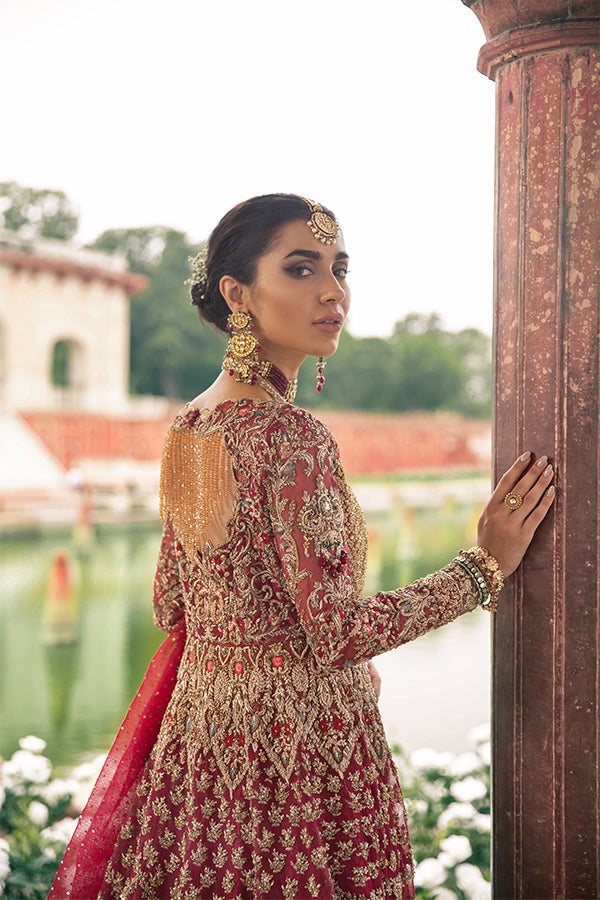 Pakistani Red Embroidered Net Organza Angrakha Lehenga (3-Piece) - Image 2