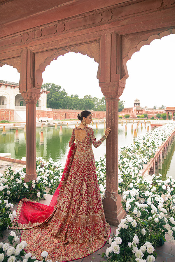 Pakistani Red Embroidered Net Organza Angrakha Lehenga (3-Piece) - Image 3