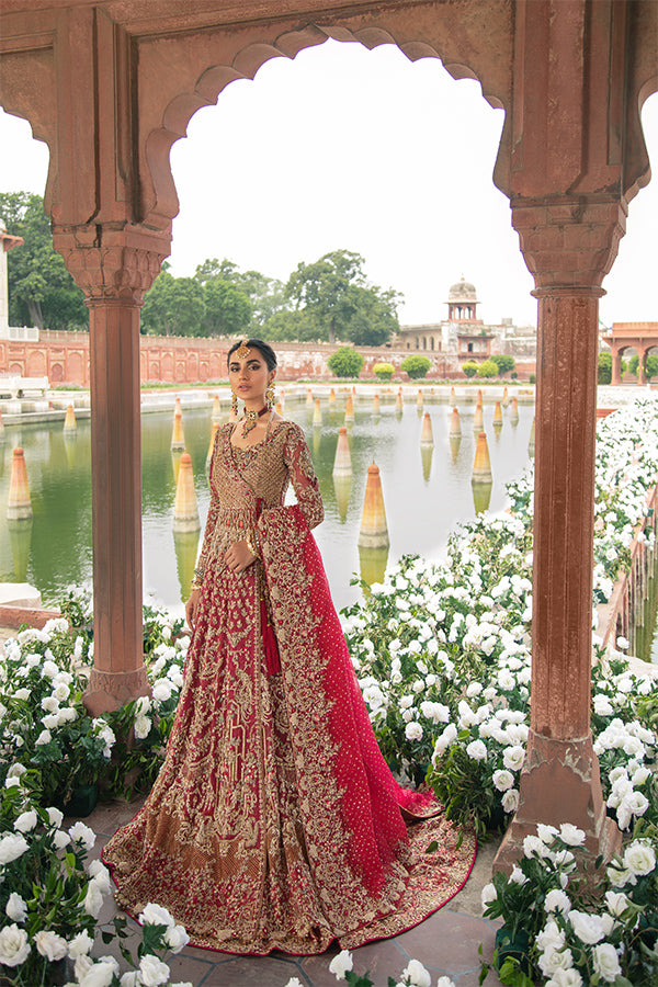 Pakistani Red Embroidered Net Organza Angrakha Lehenga (3-Piece) - Image 6