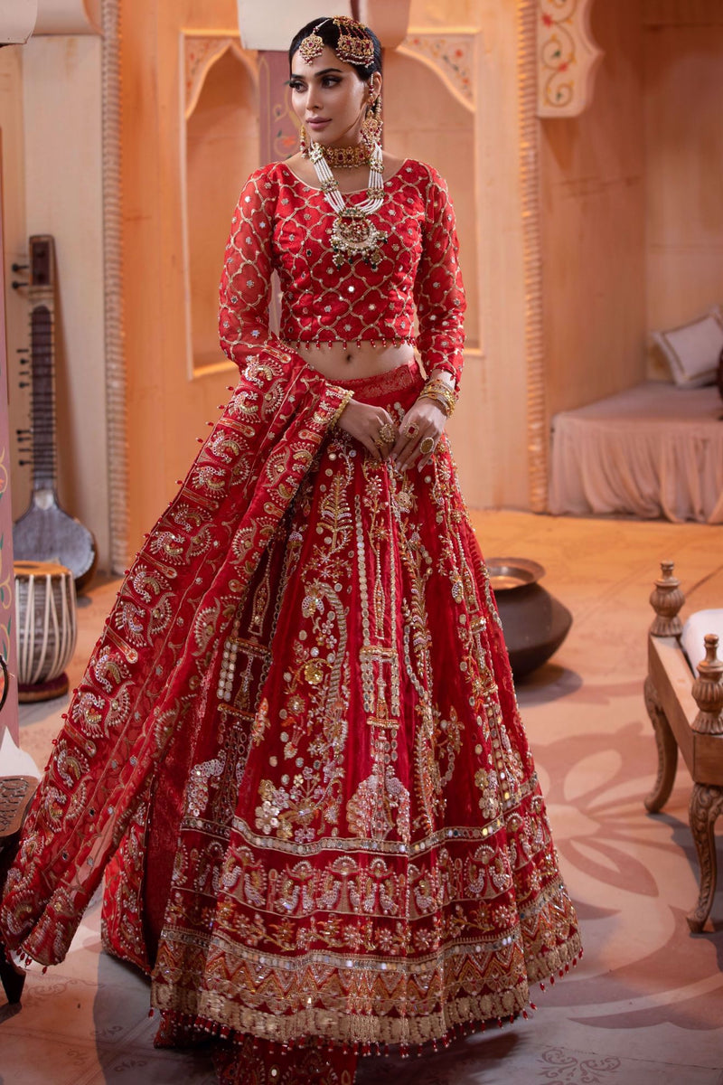 Pakistani Red Embellished Jamawar Lehenga Choli (3-Piece) - Image 1