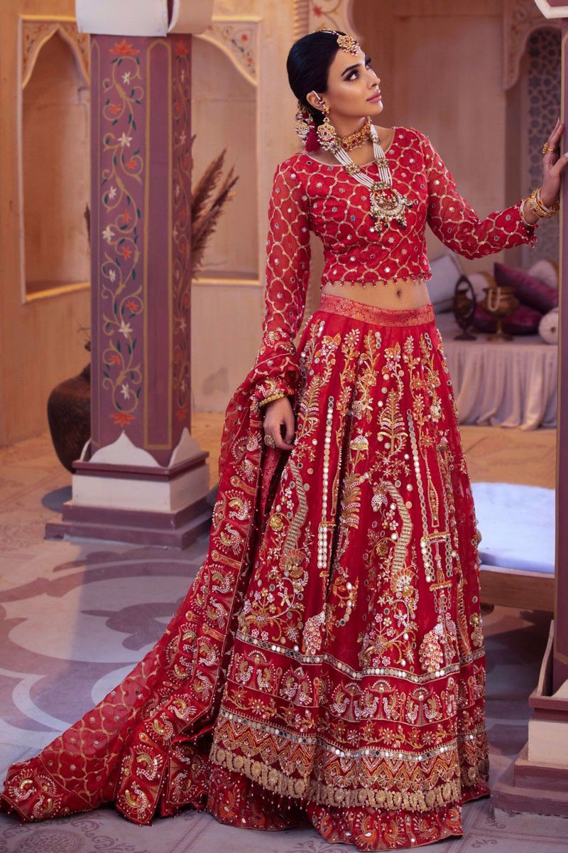 Pakistani Red Embellished Jamawar Lehenga Choli (3-Piece) - Image 4
