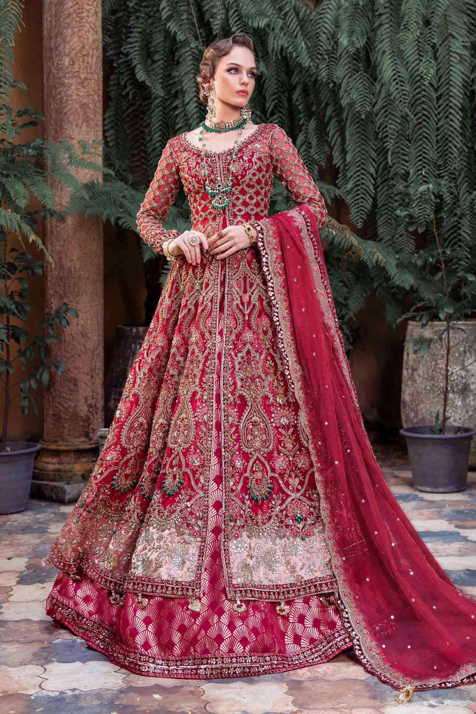 Pakistani Red Embellished Organza & Jamawar Lehenga (3-Piece) - Image 1