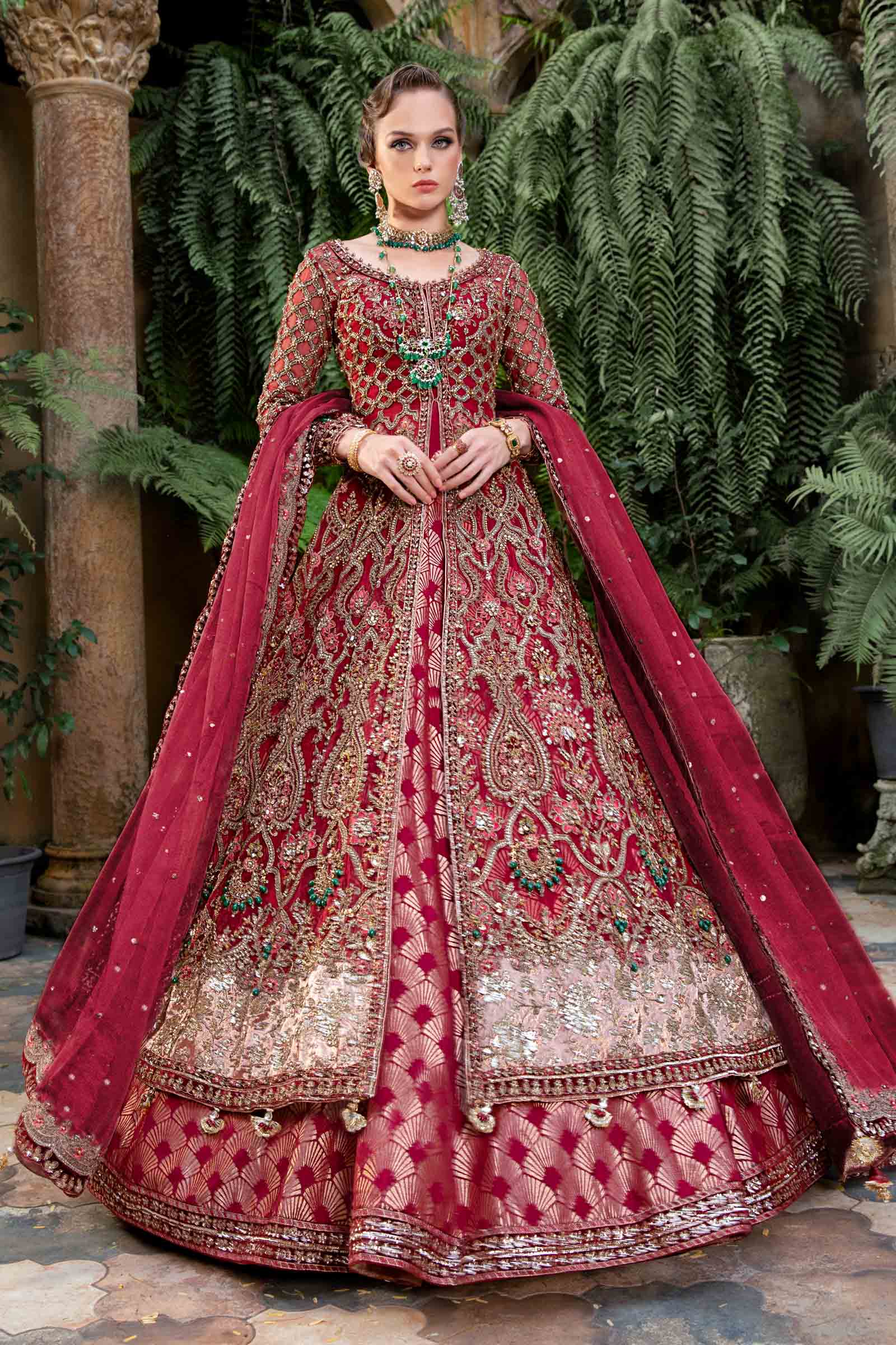 Pakistani Red Embellished Organza & Jamawar Lehenga (3-Piece) - Image 2