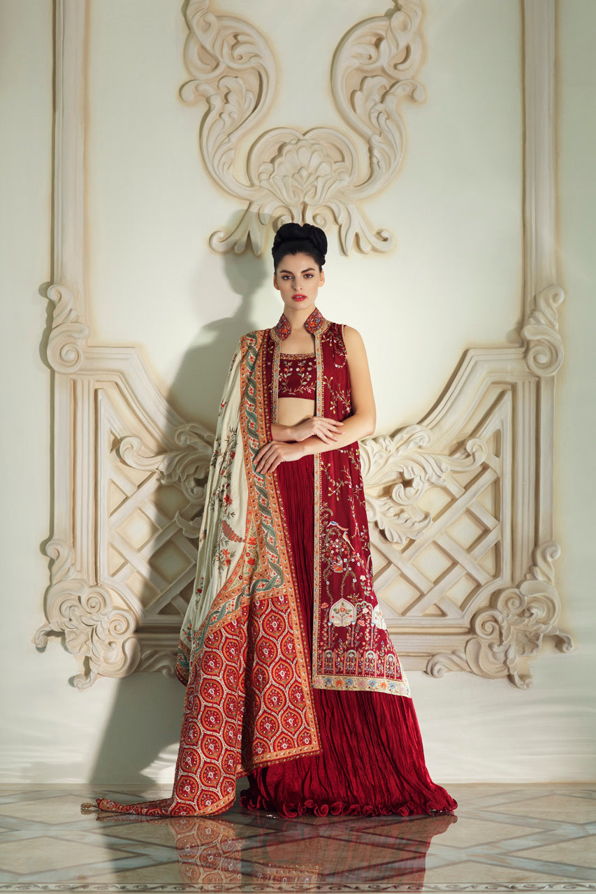 Deep Red Hath Aari Jamawar Lehenga (4-Piece) - Image 3