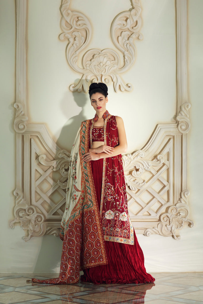 Deep Red Hath Aari Jamawar Lehenga (4-Piece) - Image 4