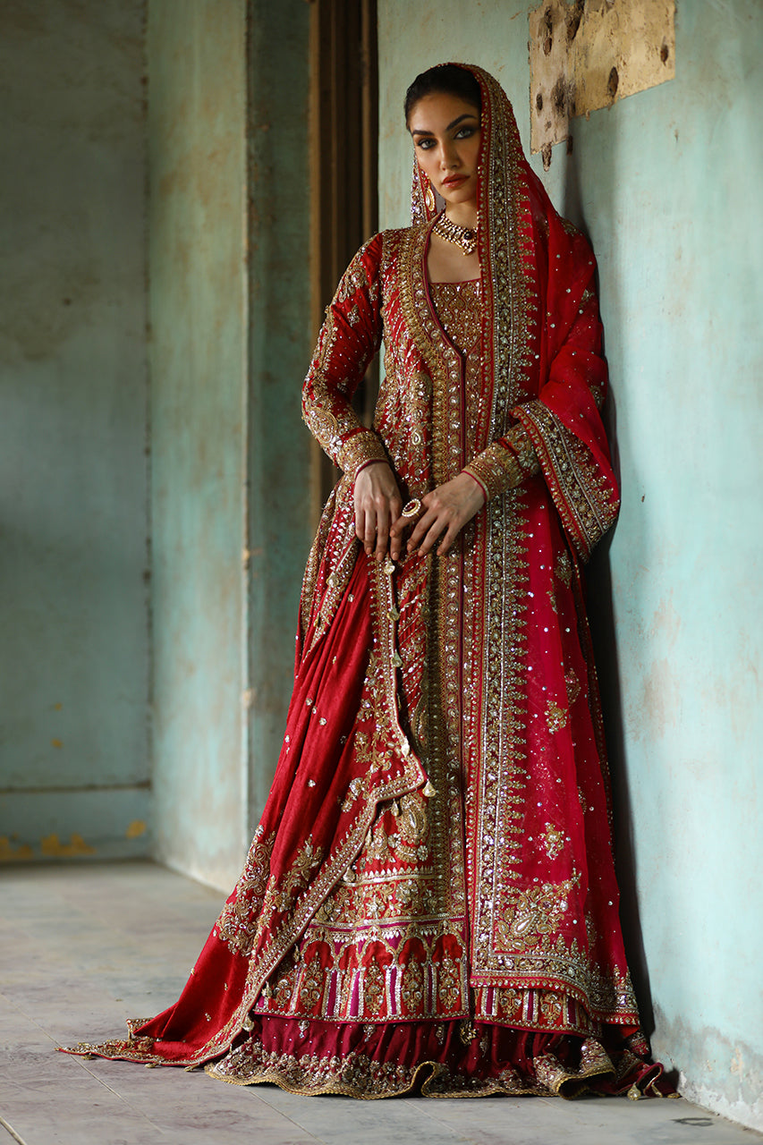 Red Embroidered Jamawar Silk Kalidar Lehenga (3-Piece) - Image 1