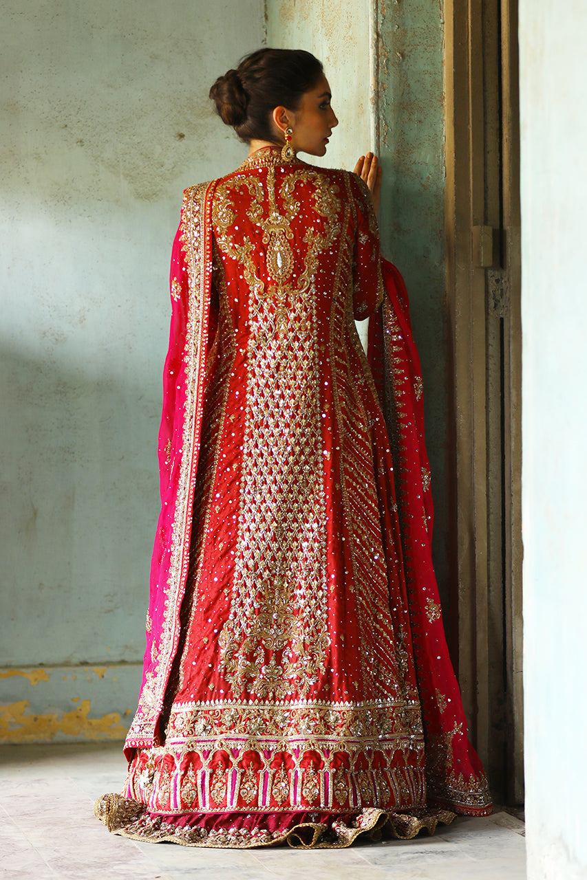 Red Embroidered Jamawar Silk Kalidar Lehenga (3-Piece) - Image 2