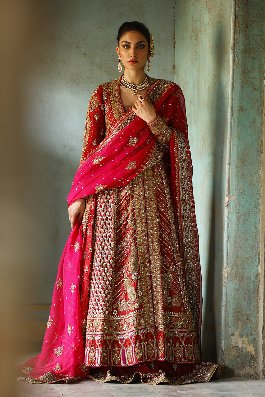 Red Embroidered Jamawar Silk Kalidar Lehenga (3-Piece) - Image 3