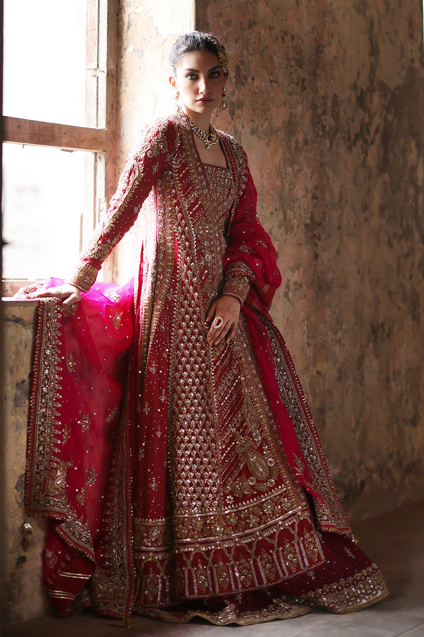 Red Embroidered Jamawar Silk Kalidar Lehenga (3-Piece) - Image 5