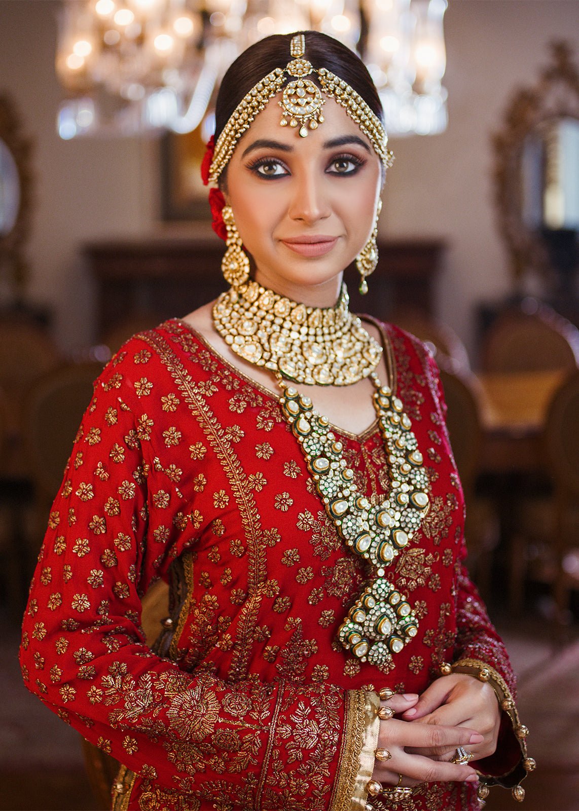 Pakistani Red Zardozi Chiffon Jamawar Bridal Lehenga Choli (3-Piece) - Image 4